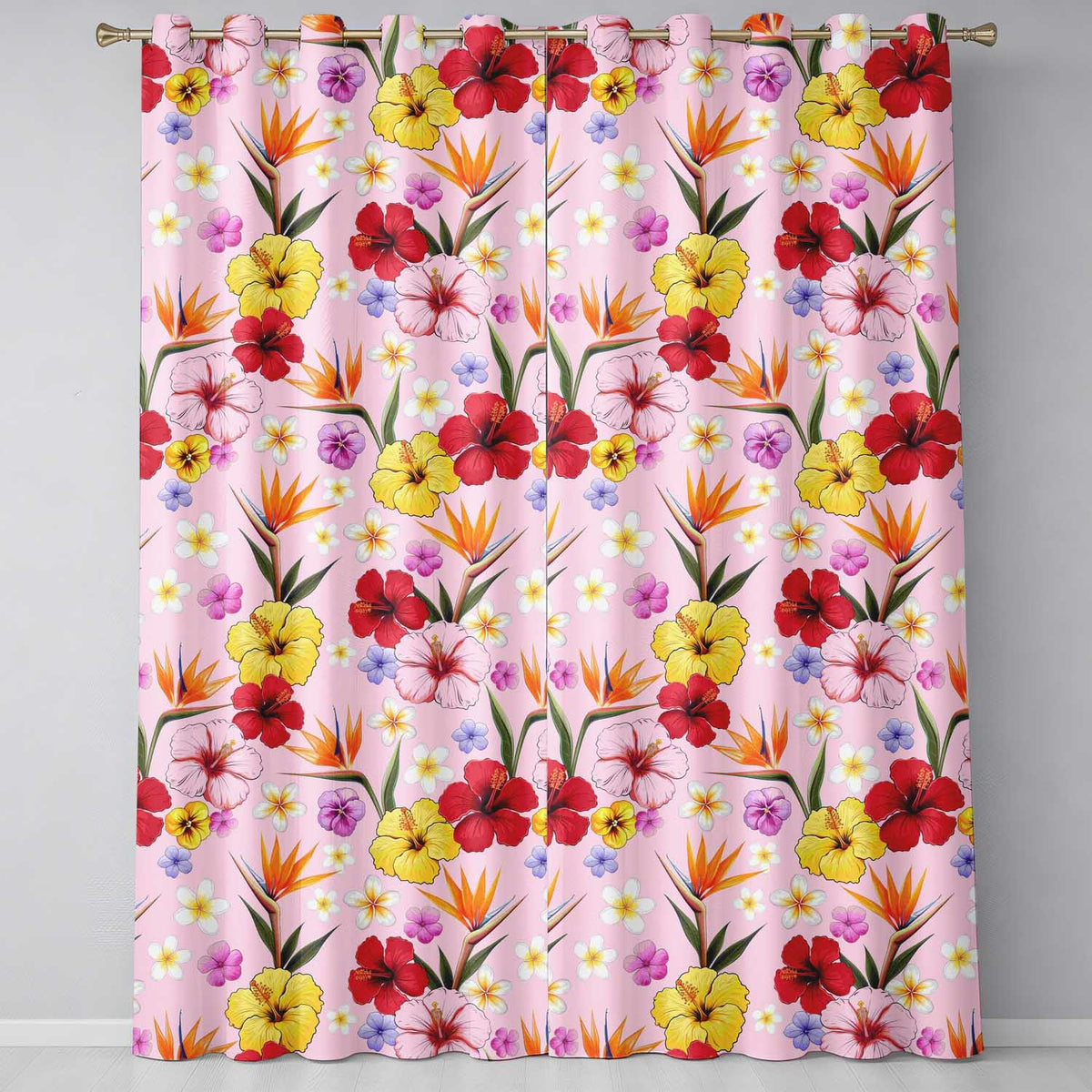 Tropical Hibiscus Bird of Paradise Floral Seamless Pattern Blush Pink Readymade Eyelet Ring Top Thermal 100% Blackout Curtains
