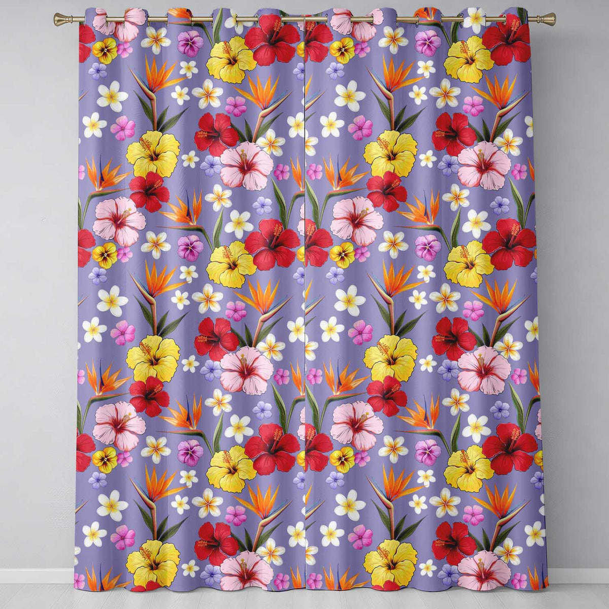 Tropical Hibiscus Bird of Paradise Floral Seamless Pattern Lavender Purple Readymade Eyelet Ring Top Thermal 100% Blackout Curtains