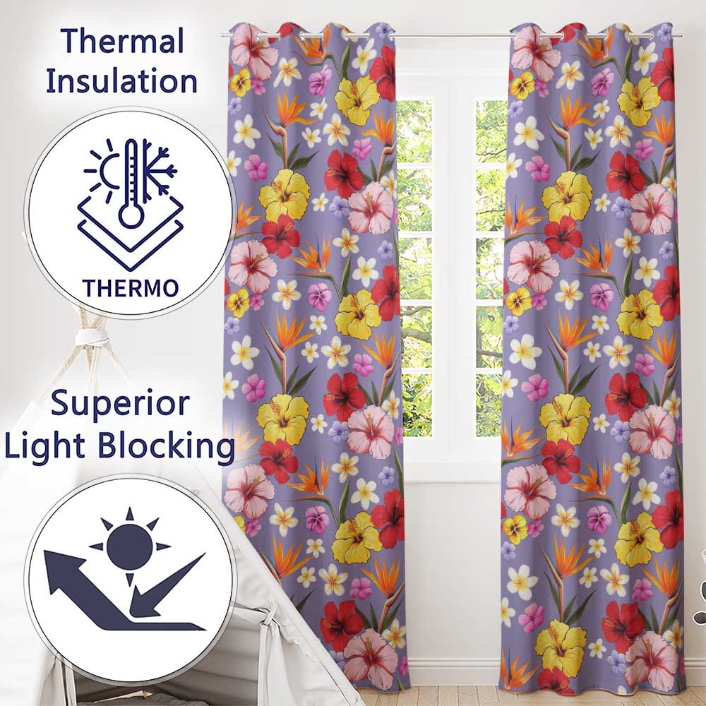 Tropical Hibiscus Bird of Paradise Floral Seamless Pattern Lavender Purple Readymade Eyelet Ring Top Thermal 100% Blackout Curtains