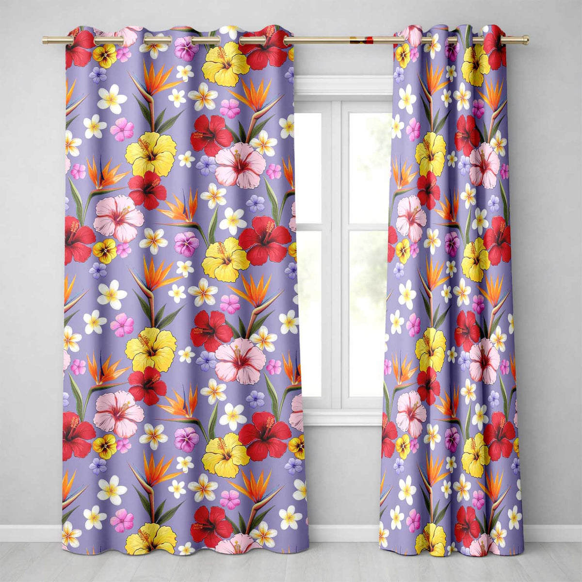 Tropical Hibiscus Bird of Paradise Floral Seamless Pattern Lavender Purple Readymade Eyelet Ring Top Thermal 100% Blackout Curtains