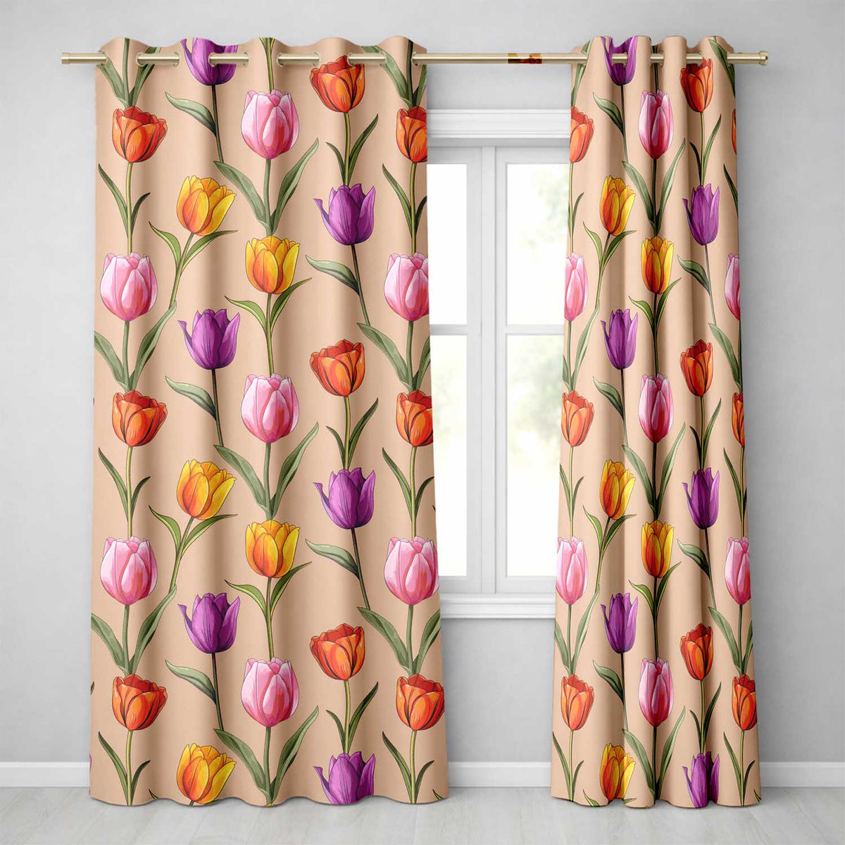 Elegant Tulip Floral Seamless Pattern Warm Peach Background Readymade Eyelet Ring Top Thermal 100% Blackout Curtains