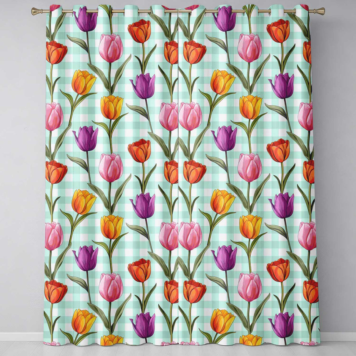 Elegant Tulip Floral Seamless Pattern Mint Gingham Check Background Readymade Eyelet Ring Top Thermal 100% Blackout Curtains