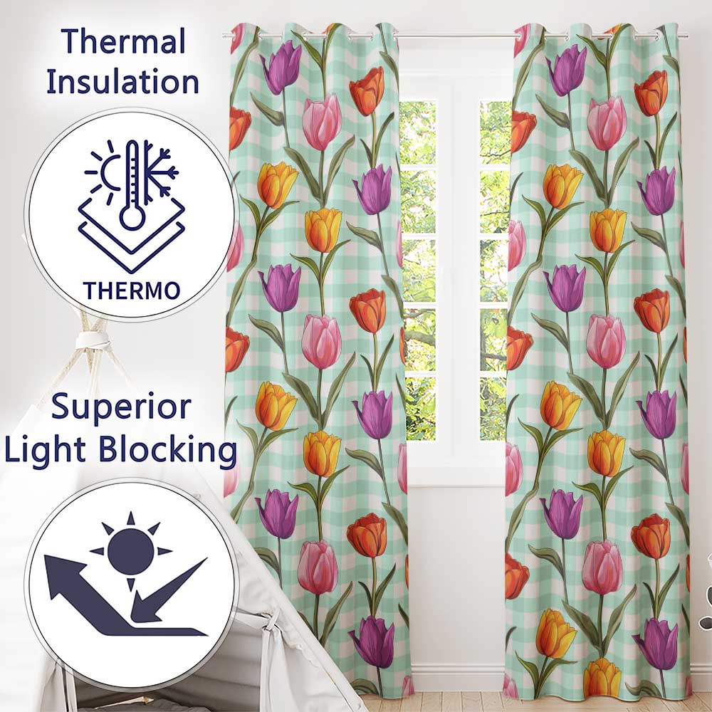 Elegant Tulip Floral Seamless Pattern Mint Gingham Check Background Readymade Eyelet Ring Top Thermal 100% Blackout Curtains