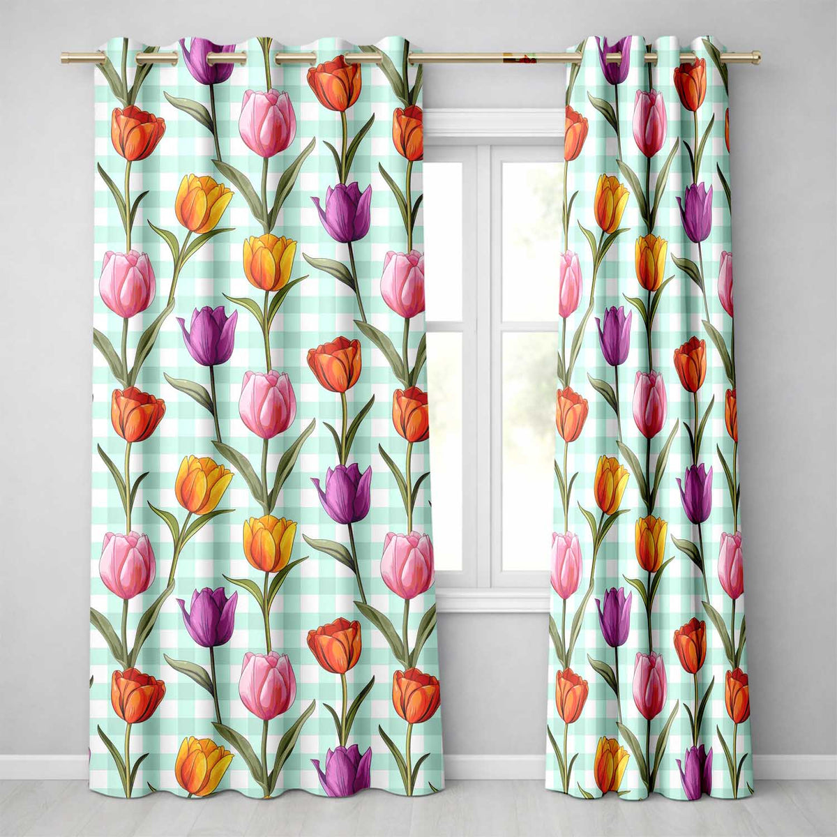 Elegant Tulip Floral Seamless Pattern Mint Gingham Check Background Readymade Eyelet Ring Top Thermal 100% Blackout Curtains