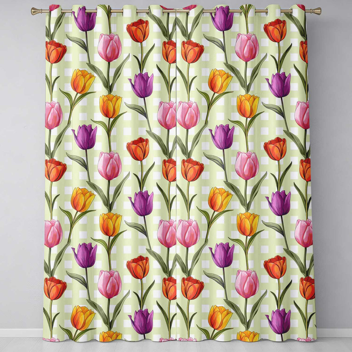 Elegant Tulip Floral Seamless Pattern Yellow Gingham Check Background Readymade Eyelet Ring Top Thermal 100% Blackout Curtains