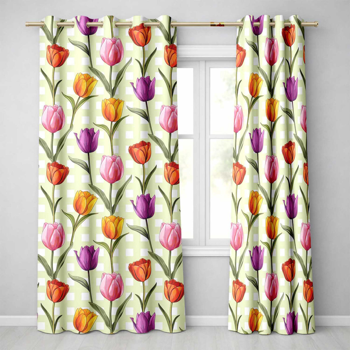 Elegant Tulip Floral Seamless Pattern Yellow Gingham Check Background Readymade Eyelet Ring Top Thermal 100% Blackout Curtains