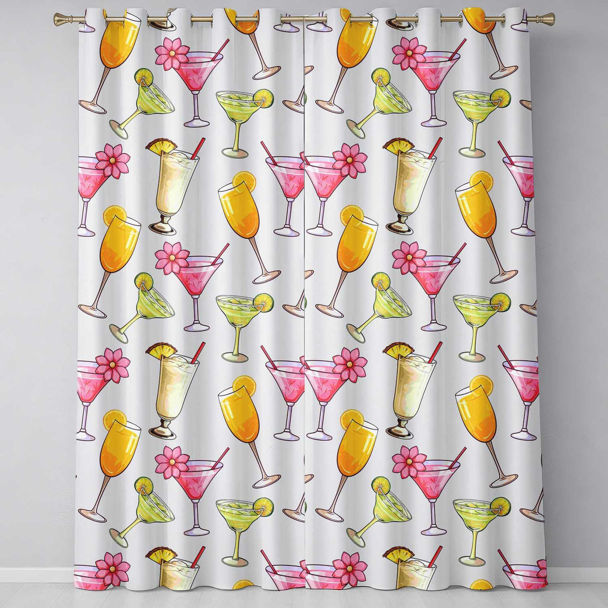Tropical Cocktail Drinks Seamless Pattern Light Background Readymade Eyelet Ring Top Thermal 100% Blackout Curtains