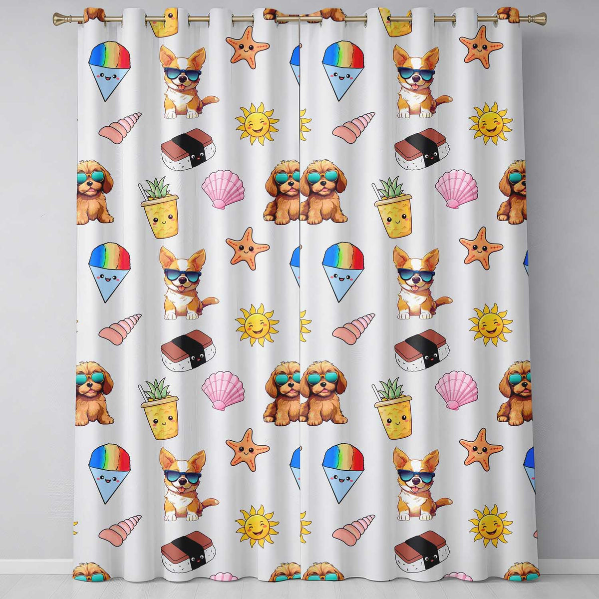 Cute Summer Chihuahua Dog Cartoon Seamless Pattern Neutral Background Readymade Eyelet Ring Top Thermal 100% Blackout Curtains