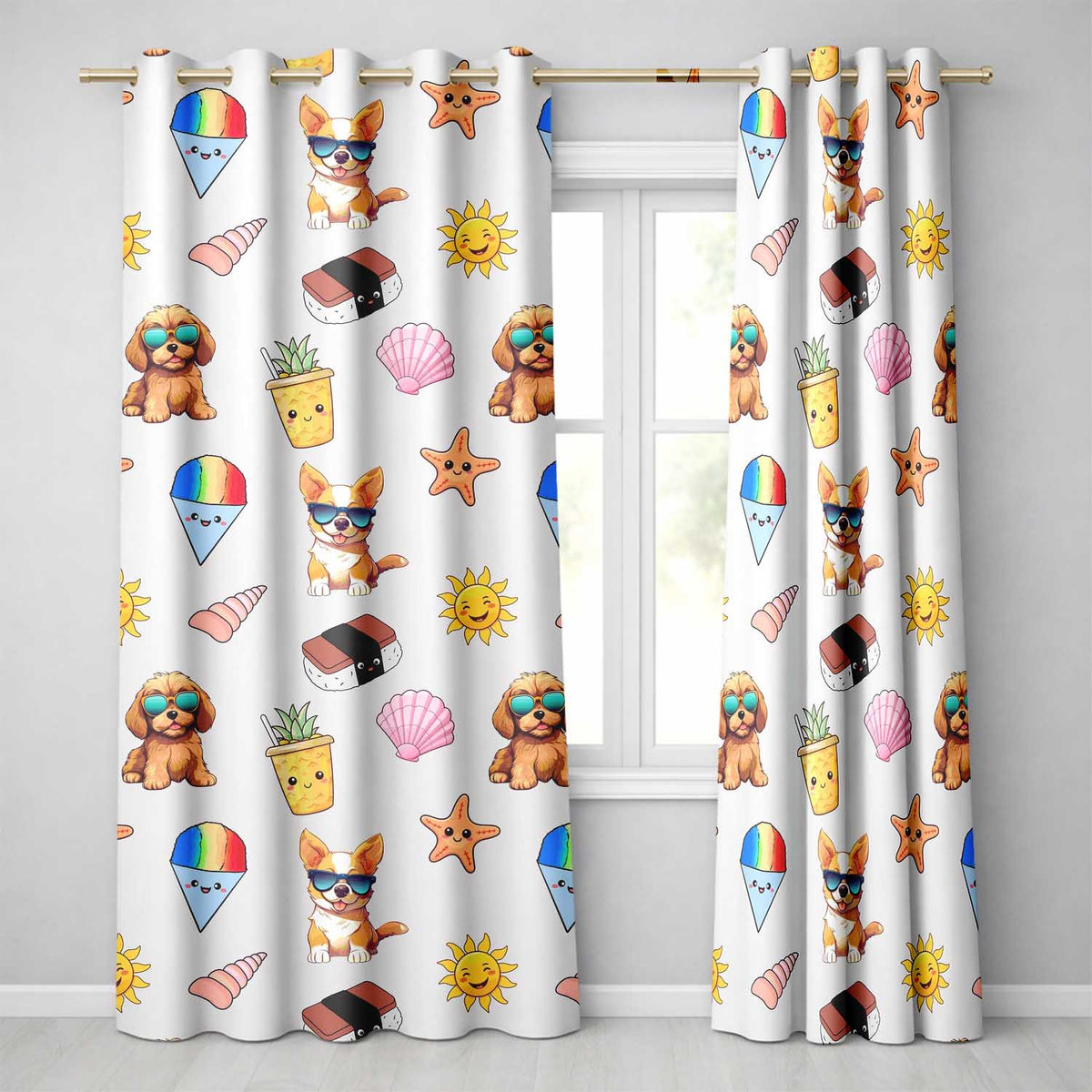 Cute Summer Chihuahua Dog Cartoon Seamless Pattern Neutral Background Readymade Eyelet Ring Top Thermal 100% Blackout Curtains