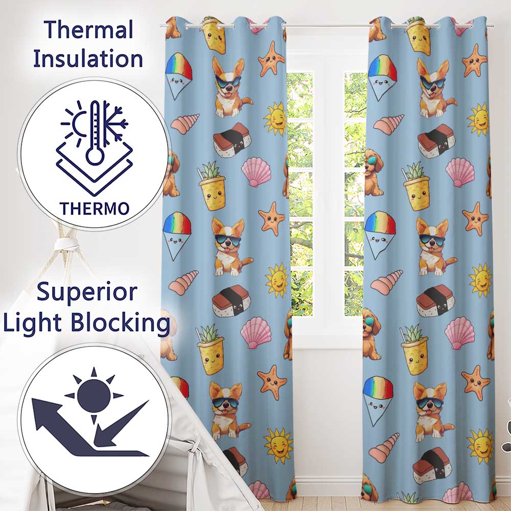 Cute Summer Chihuahua Dog Cartoon Seamless Pattern Blue Background Readymade Eyelet Ring Top Thermal 100% Blackout Curtains