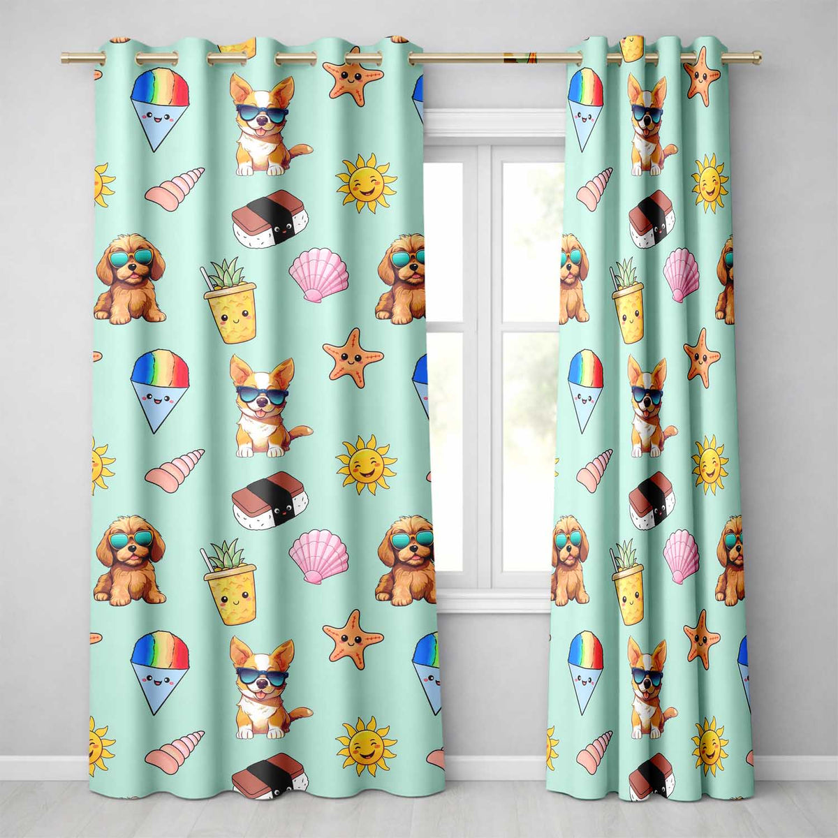 Summer Chihuahua Dog Sunglasses Kawaii Beach Teal Seamless Pattern Readymade Eyelet Ring Top Thermal 100% Blackout Curtains