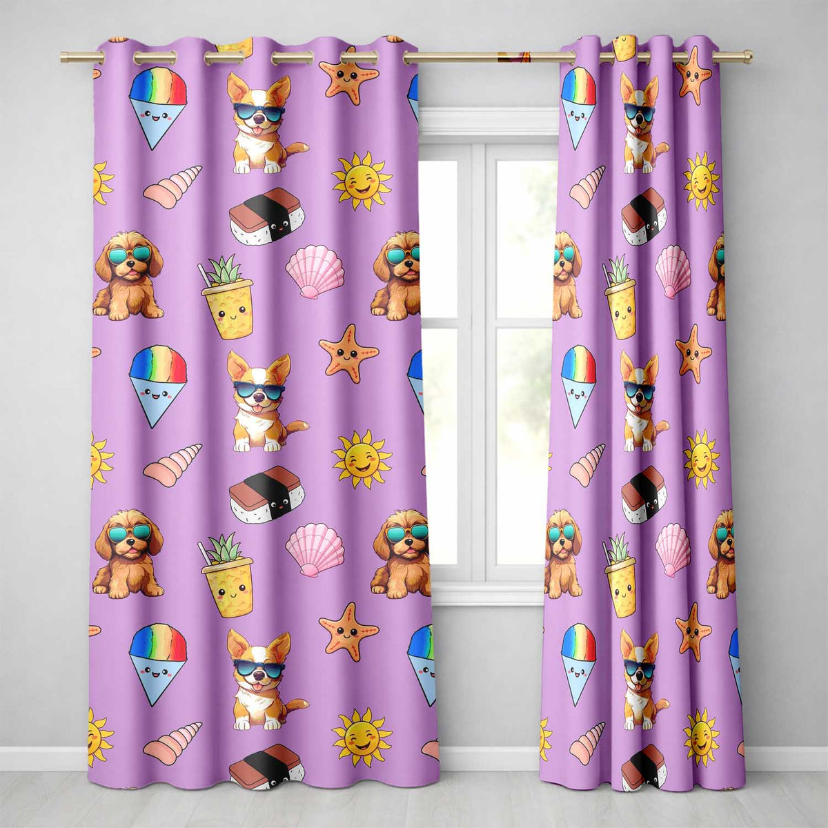 Summer Chihuahua Dog Sunglasses Kawaii Beach Purple Seamless Pattern Readymade Eyelet Ring Top Thermal 100% Blackout Curtains