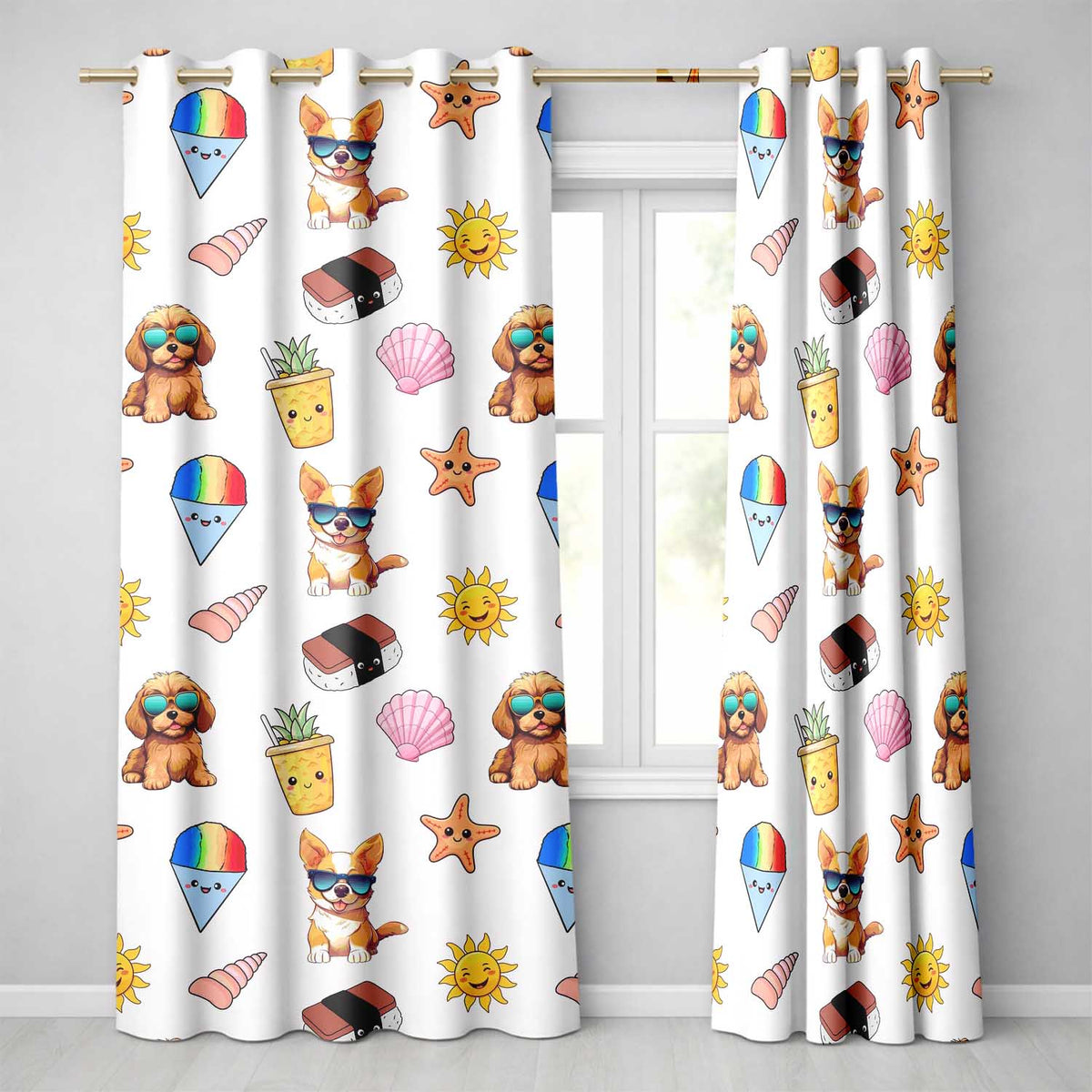 Summer Chihuahua Dog Sunglasses Kawaii Beach Grey Seamless Pattern Readymade Eyelet Ring Top Thermal 100% Blackout Curtains