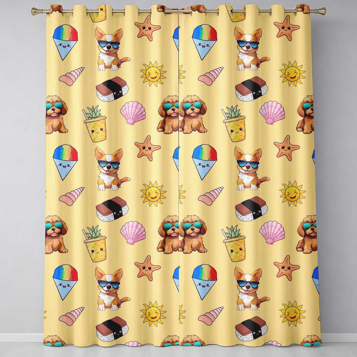 Summer Chihuahua Dog Sunglasses Kawaii Beach Beige Seamless Pattern Readymade Eyelet Ring Top Thermal 100% Blackout Curtains