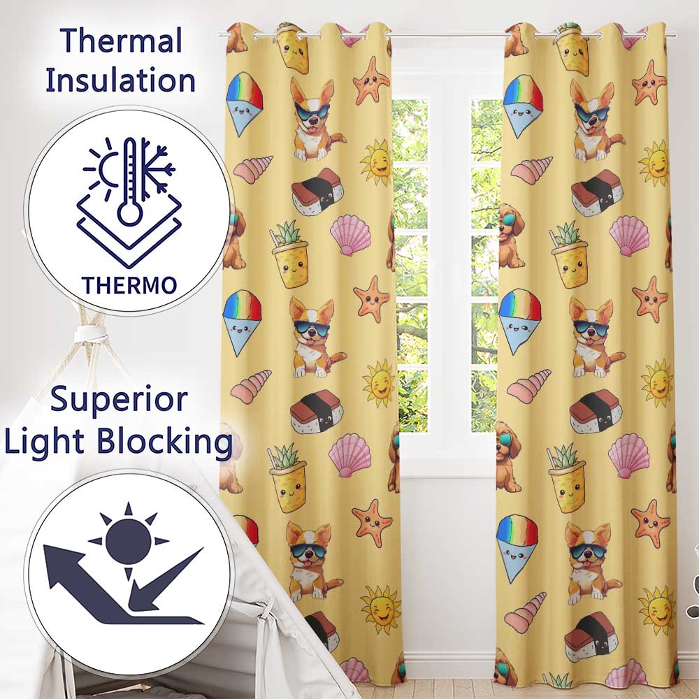 Summer Chihuahua Dog Sunglasses Kawaii Beach Beige Seamless Pattern Readymade Eyelet Ring Top Thermal 100% Blackout Curtains