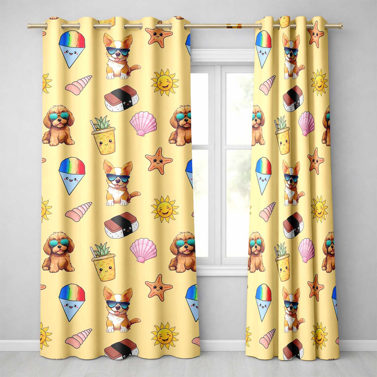 Summer Chihuahua Dog Sunglasses Kawaii Beach Beige Seamless Pattern Readymade Eyelet Ring Top Thermal 100% Blackout Curtains