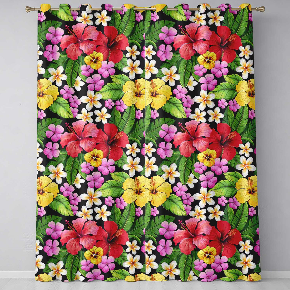Tropical Hibiscus Flowers Plumeria Leaves Exotic Floral Seamless Pattern Readymade Eyelet Ring Top Thermal 100% Blackout Curtains