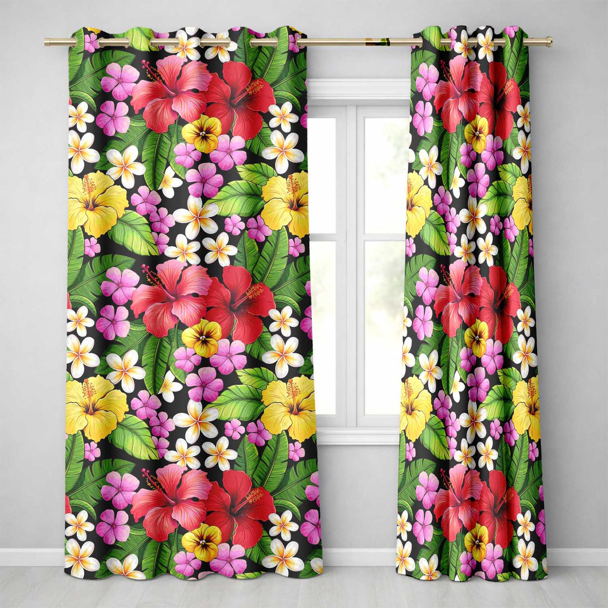 Tropical Hibiscus Flowers Plumeria Leaves Exotic Floral Seamless Pattern Readymade Eyelet Ring Top Thermal 100% Blackout Curtains