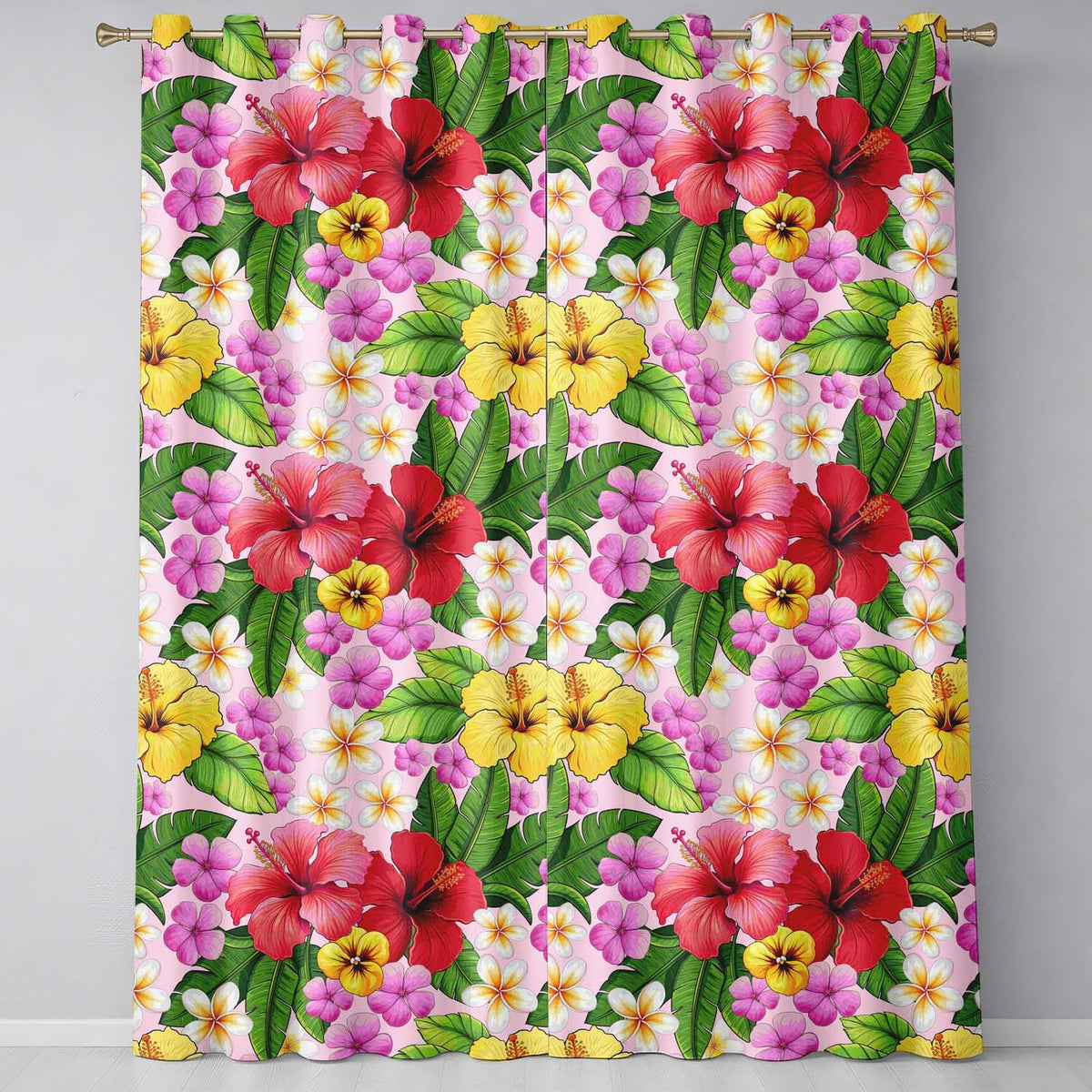 Hibiscus Flowers Plumeria Leaves Exotic Floral Soft Pink Seamless Pattern Readymade Eyelet Ring Top Thermal 100% Blackout Curtains