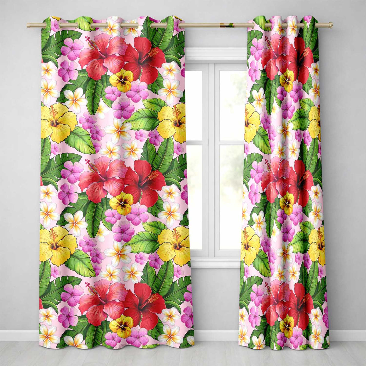 Hibiscus Flowers Plumeria Leaves Exotic Floral Soft Pink Seamless Pattern Readymade Eyelet Ring Top Thermal 100% Blackout Curtains