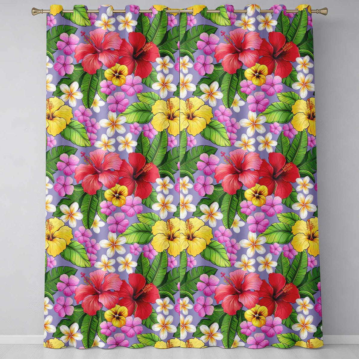 Hibiscus Flowers Plumeria Leaves Exotic Floral Lavender Seamless Pattern Readymade Eyelet Ring Top Thermal 100% Blackout Curtains