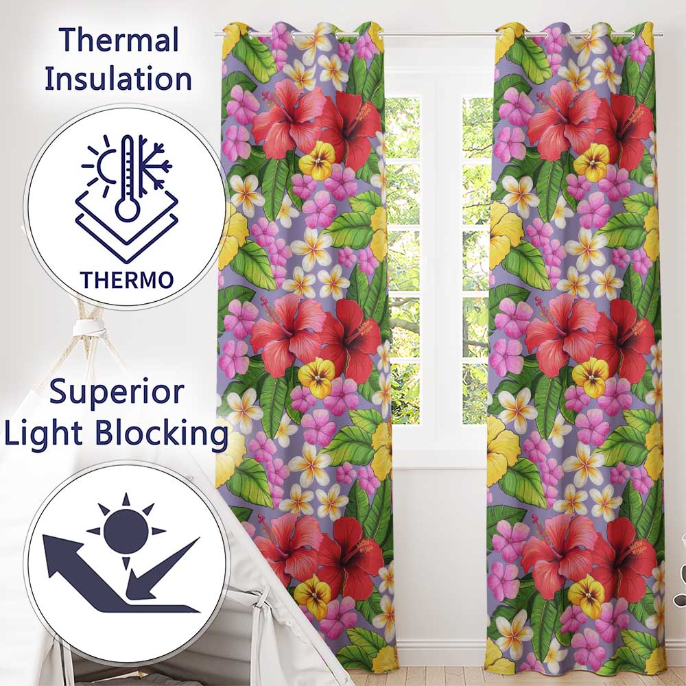 Hibiscus Flowers Plumeria Leaves Exotic Floral Lavender Seamless Pattern Readymade Eyelet Ring Top Thermal 100% Blackout Curtains