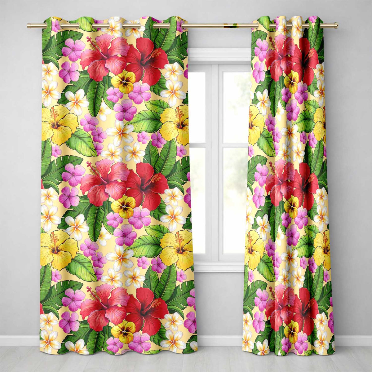 Tropical Hibiscus Flowers Plumeria Leaves Exotic Floral Yellow Seamless Pattern Readymade Eyelet Ring Top Thermal 100% Blackout Curtains