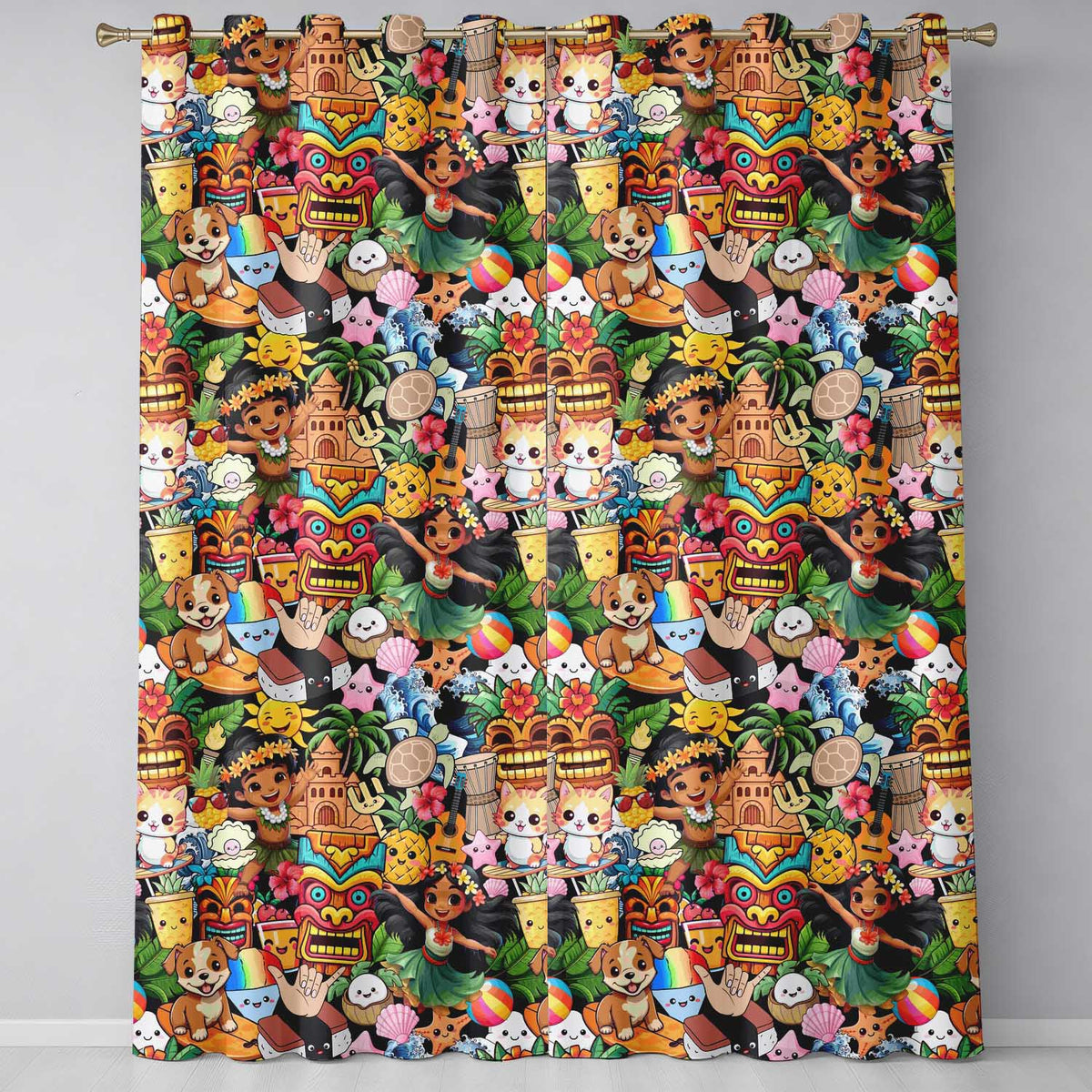 Cute Hawaiian Kids Tiki Mask Pineapple Beach Fun Seamless Pattern Readymade Eyelet Ring Top Thermal 100% Blackout Curtains