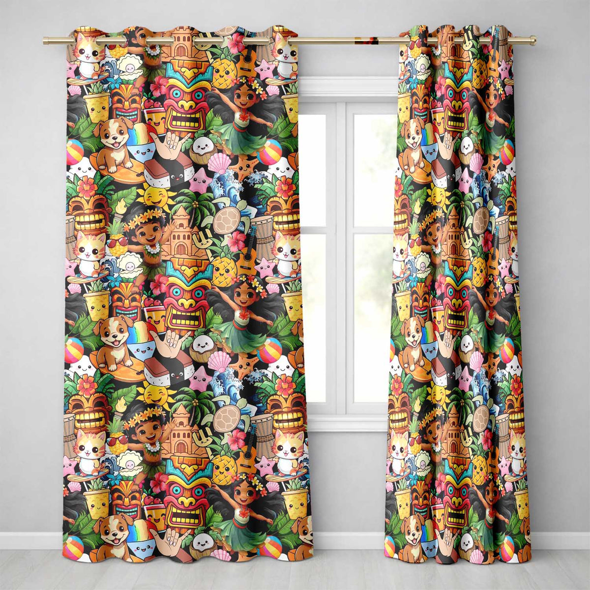 Cute Hawaiian Kids Tiki Mask Pineapple Beach Fun Seamless Pattern Readymade Eyelet Ring Top Thermal 100% Blackout Curtains