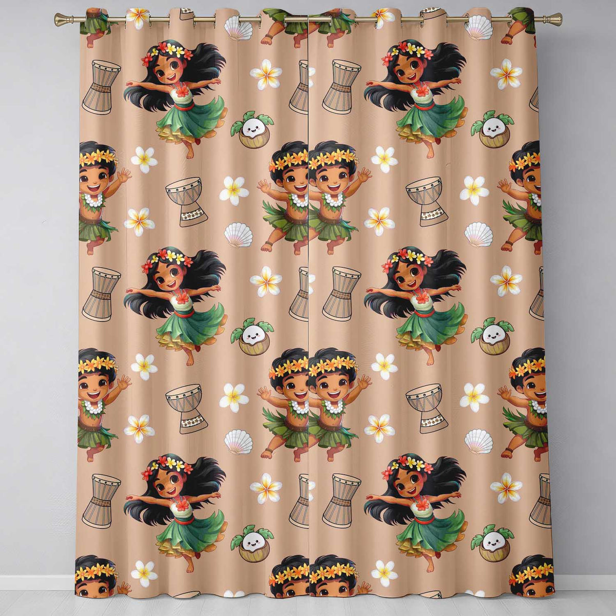 Cute Hawaiian Girl Hula Dance Coconut Shell Beige Background Seamless Pattern Readymade Eyelet Ring Top Thermal 100% Blackout Curtains