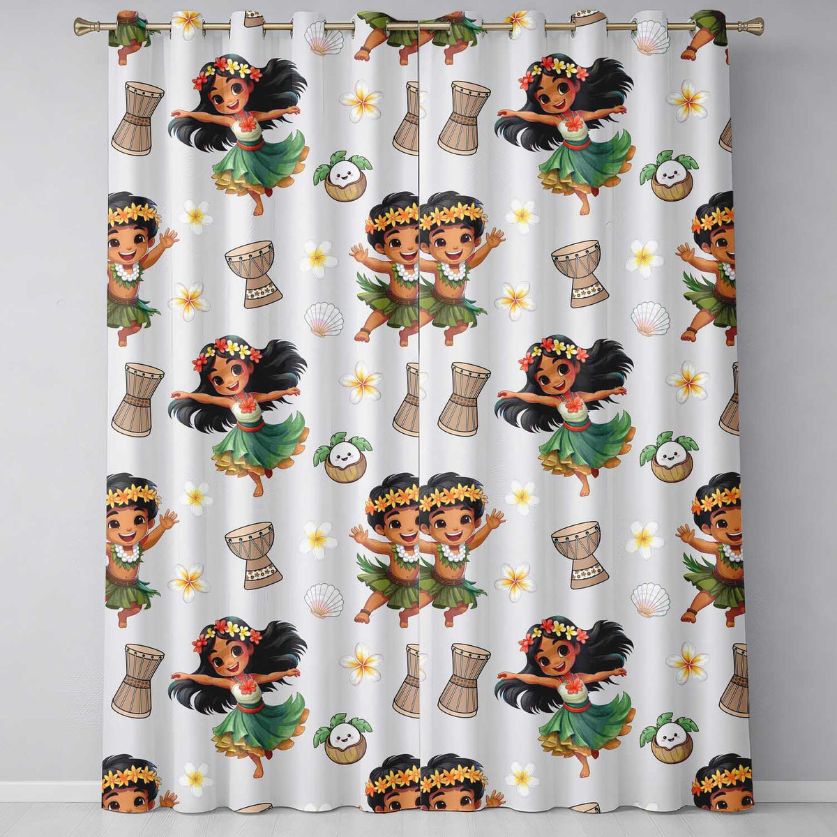 Cute Hawaiian Girl Hula Dance Coconut Shell Cream Background Seamless Pattern Readymade Eyelet Ring Top Thermal 100% Blackout Curtains