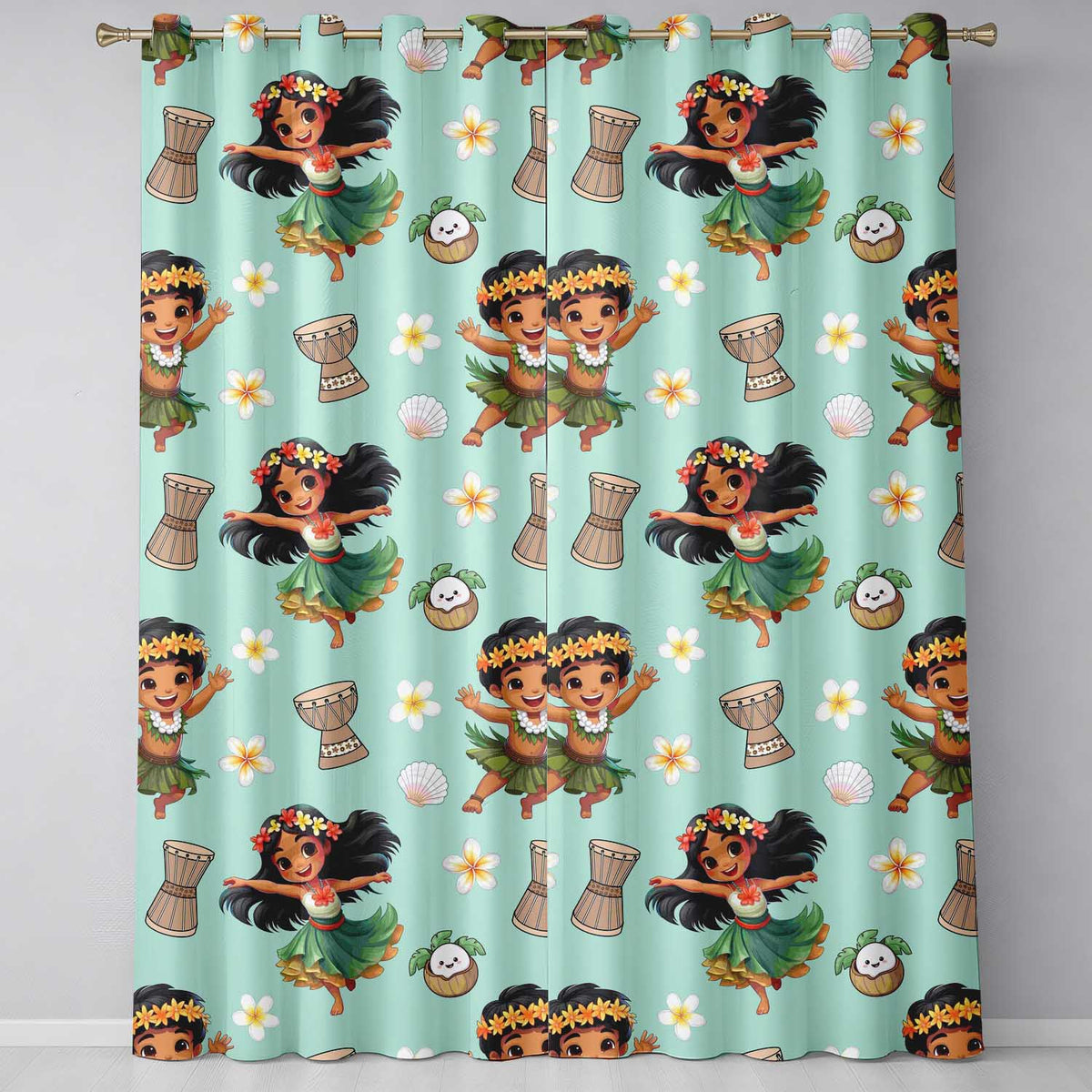 Cute Hawaiian Girl Hula Dance Coconut Shell Teal Background Seamless Pattern Readymade Eyelet Ring Top Thermal 100% Blackout Curtains