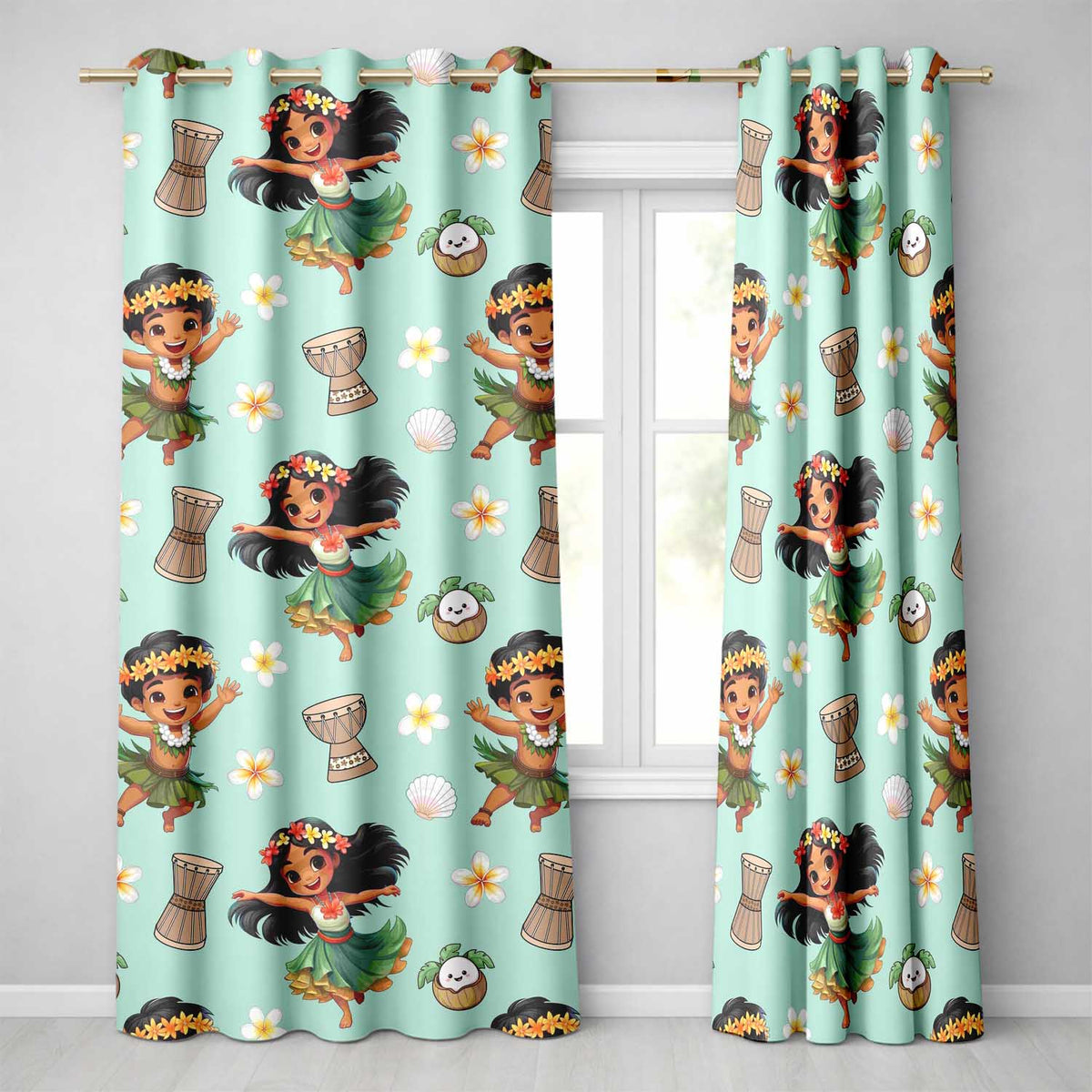 Cute Hawaiian Girl Hula Dance Coconut Shell Teal Background Seamless Pattern Readymade Eyelet Ring Top Thermal 100% Blackout Curtains