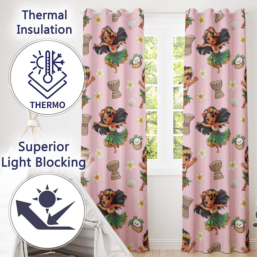 Cute Hawaiian Girl Hula Dance Coconut Shell Pink Background Seamless Pattern Readymade Eyelet Ring Top Thermal 100% Blackout Curtains