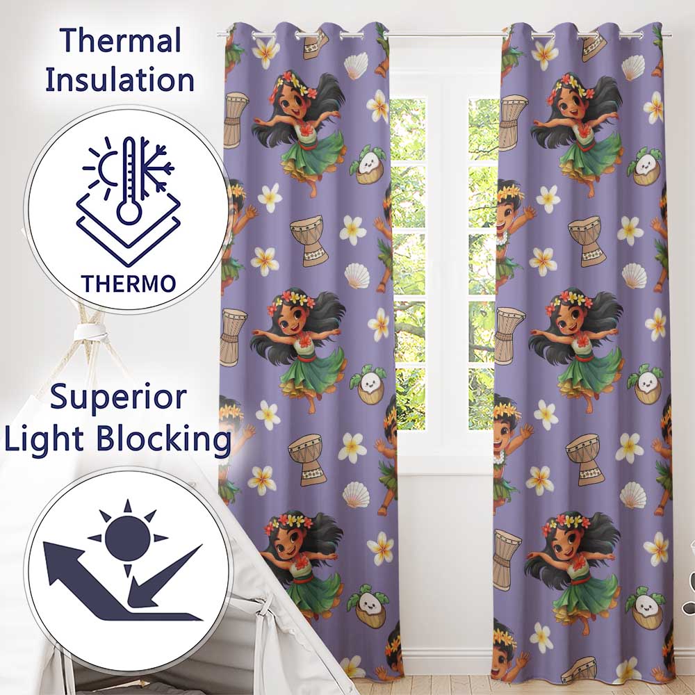Cute Hawaiian Girl Hula Dance Coconut Shell Purple Background Seamless Pattern Readymade Eyelet Ring Top Thermal 100% Blackout Curtains