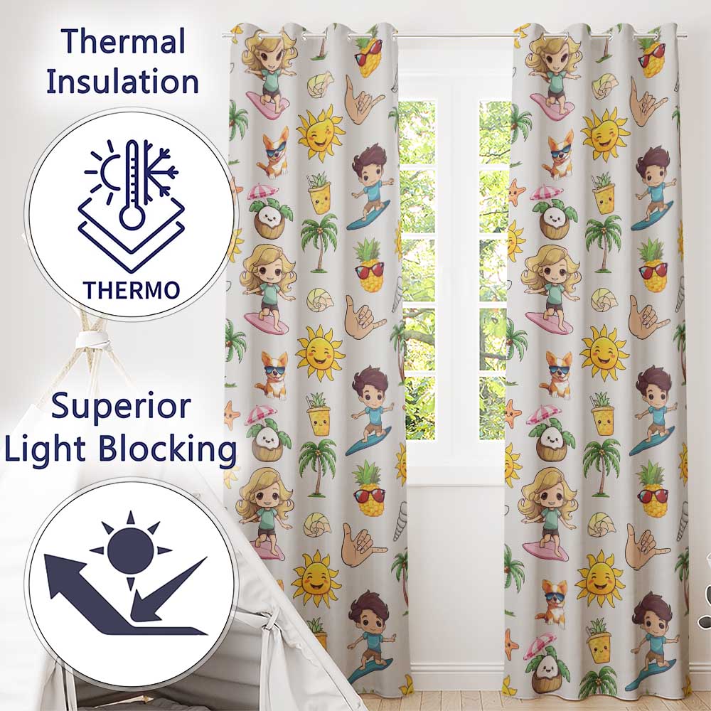 Cute Summer Beach Cartoon Kids Surf Pineapple Dog Seamless Pattern Readymade Eyelet Ring Top Thermal 100% Blackout Curtains