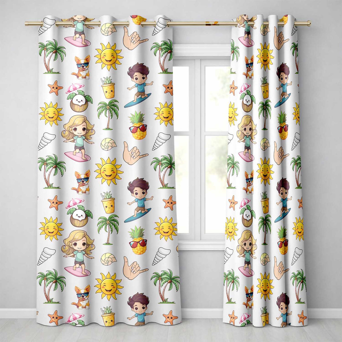 Cute Summer Beach Cartoon Kids Surf Pineapple Dog Seamless Pattern Readymade Eyelet Ring Top Thermal 100% Blackout Curtains