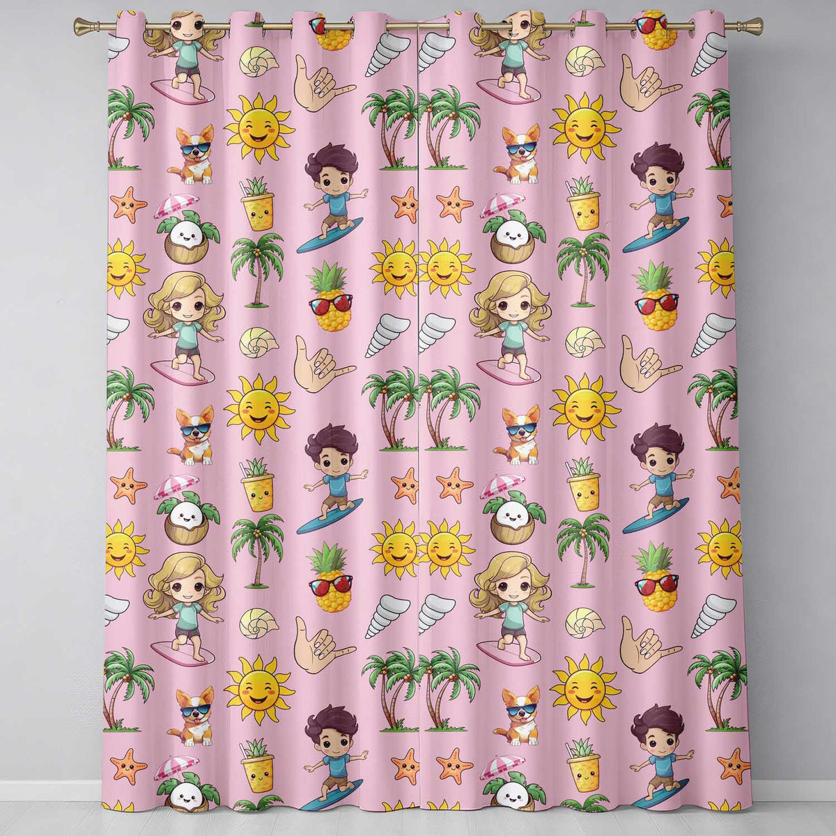 Cute Summer Beach Cartoon Kids Surf Pineapple Pink Background Seamless Pattern Readymade Eyelet Ring Top Thermal 100% Blackout Curtains