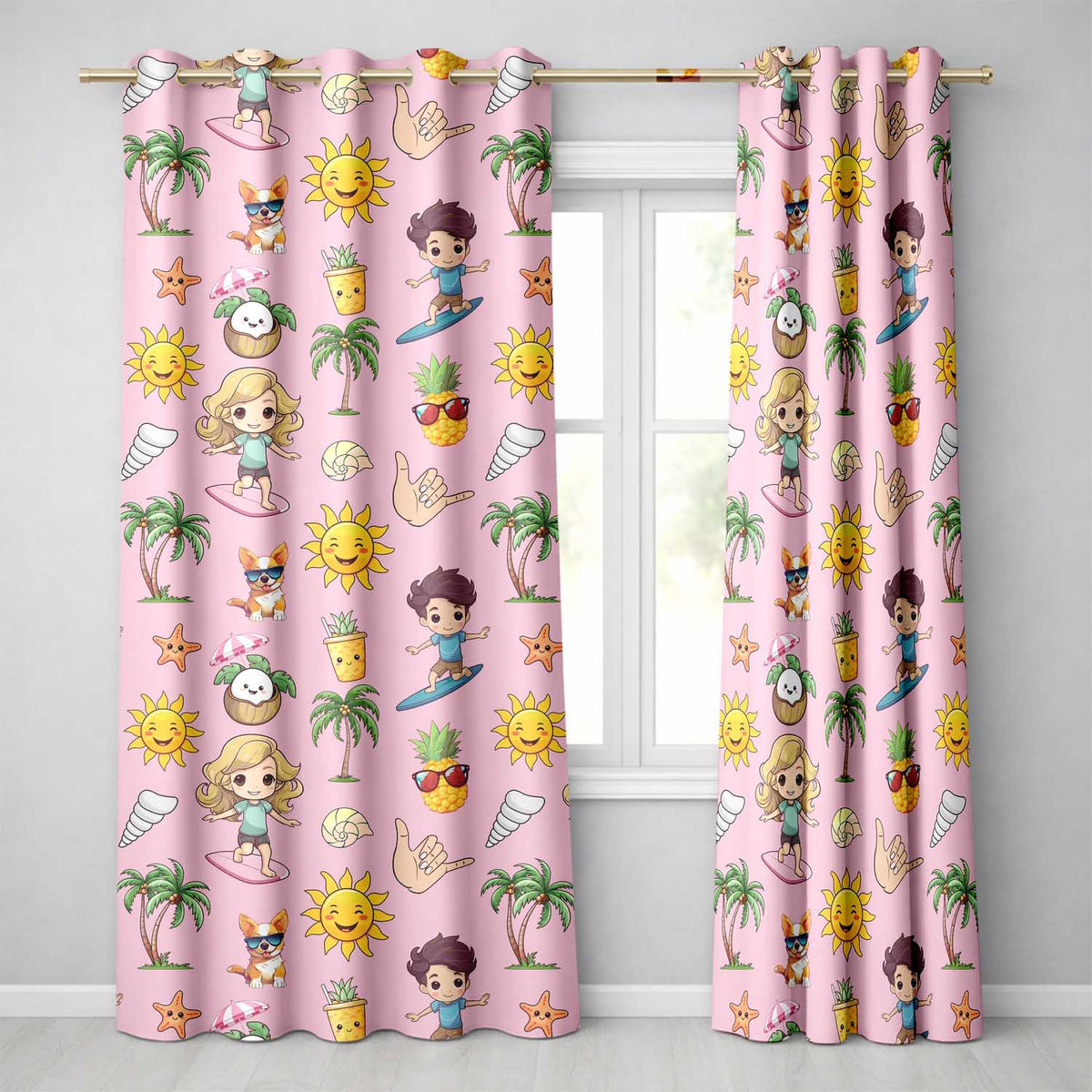 Cute Summer Beach Cartoon Kids Surf Pineapple Pink Background Seamless Pattern Readymade Eyelet Ring Top Thermal 100% Blackout Curtains
