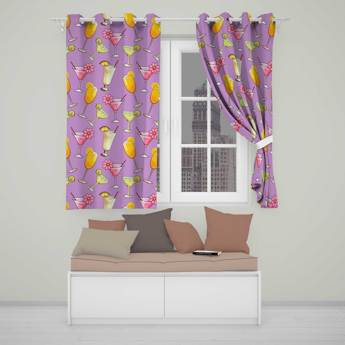 Colorful Cocktail Drinks Purple Background Summer Party Seamless Pattern Readymade Eyelet Ring Top Thermal 100% Blackout Curtains