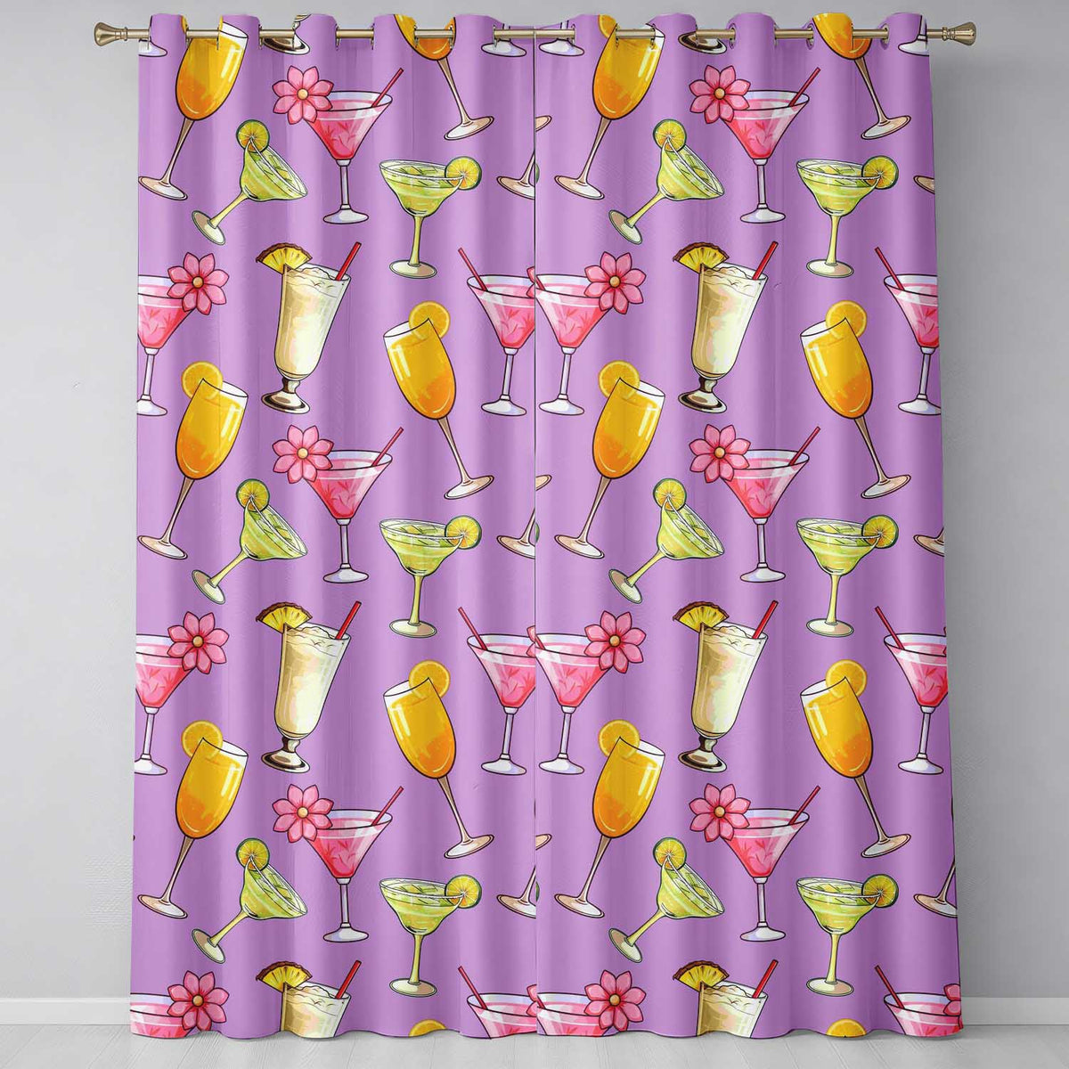 Colorful Cocktail Drinks Purple Background Summer Party Seamless Pattern Readymade Eyelet Ring Top Thermal 100% Blackout Curtains