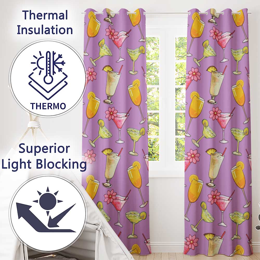 Colorful Cocktail Drinks Purple Background Summer Party Seamless Pattern Readymade Eyelet Ring Top Thermal 100% Blackout Curtains