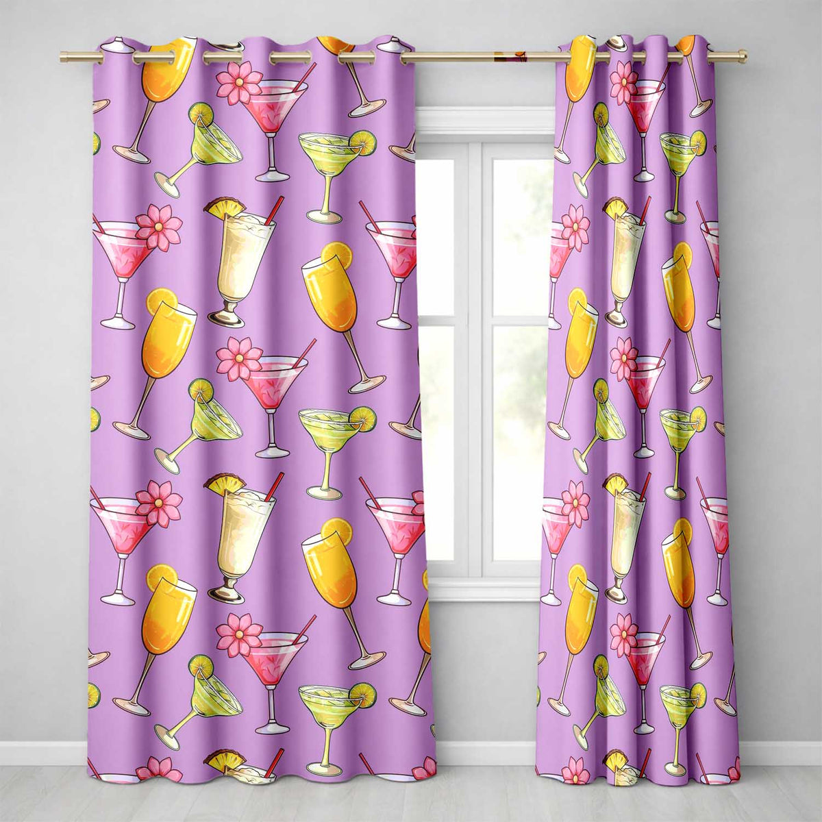 Colorful Cocktail Drinks Purple Background Summer Party Seamless Pattern Readymade Eyelet Ring Top Thermal 100% Blackout Curtains