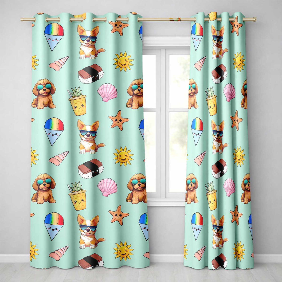 Cute Summer Dog Teal Background Ice Cream Starfish Seamless Pattern Readymade Eyelet Ring Top Thermal 100% Blackout Curtains