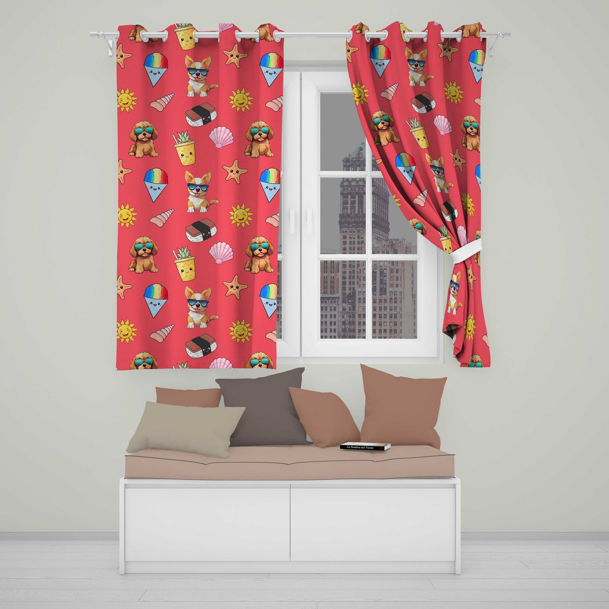 Cute Summer Dog Red Background Ice Cream Starfish Seamless Pattern Readymade Eyelet Ring Top Thermal 100% Blackout Curtains