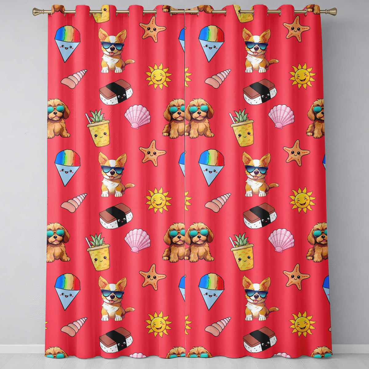 Cute Summer Dog Red Background Ice Cream Starfish Seamless Pattern Readymade Eyelet Ring Top Thermal 100% Blackout Curtains