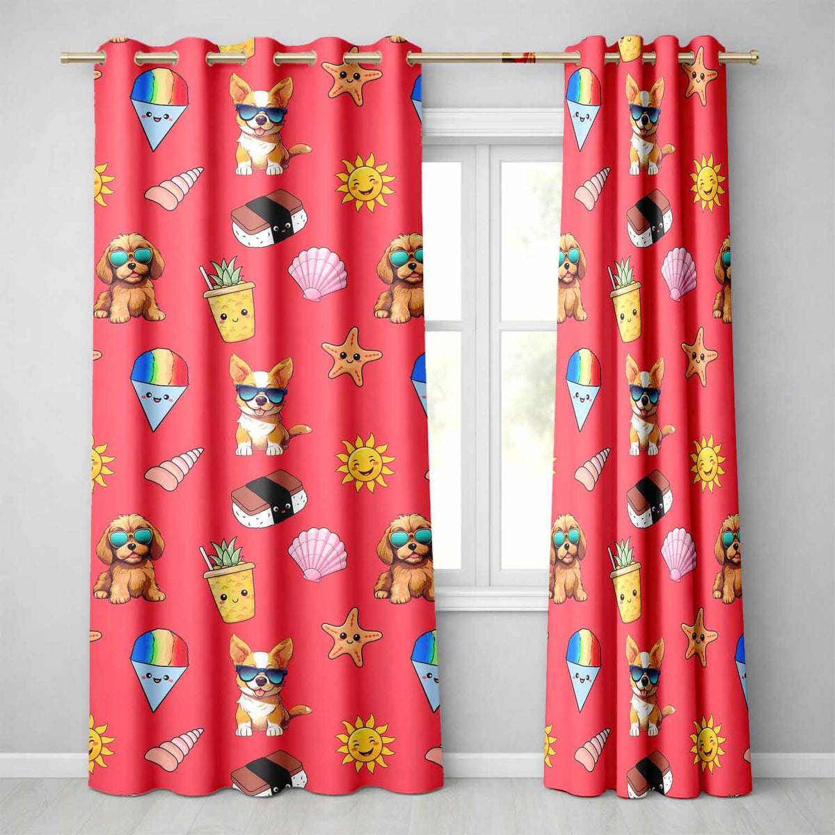Cute Summer Dog Red Background Ice Cream Starfish Seamless Pattern Readymade Eyelet Ring Top Thermal 100% Blackout Curtains