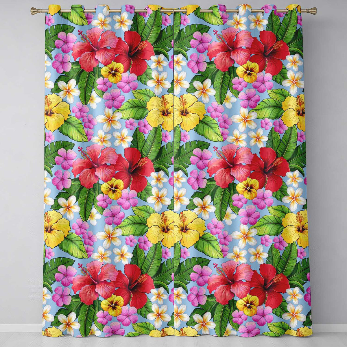 Tropical Hibiscus Flowers Blue Background Plumeria Leaves Seamless Pattern Readymade Eyelet Ring Top Thermal 100% Blackout Curtains