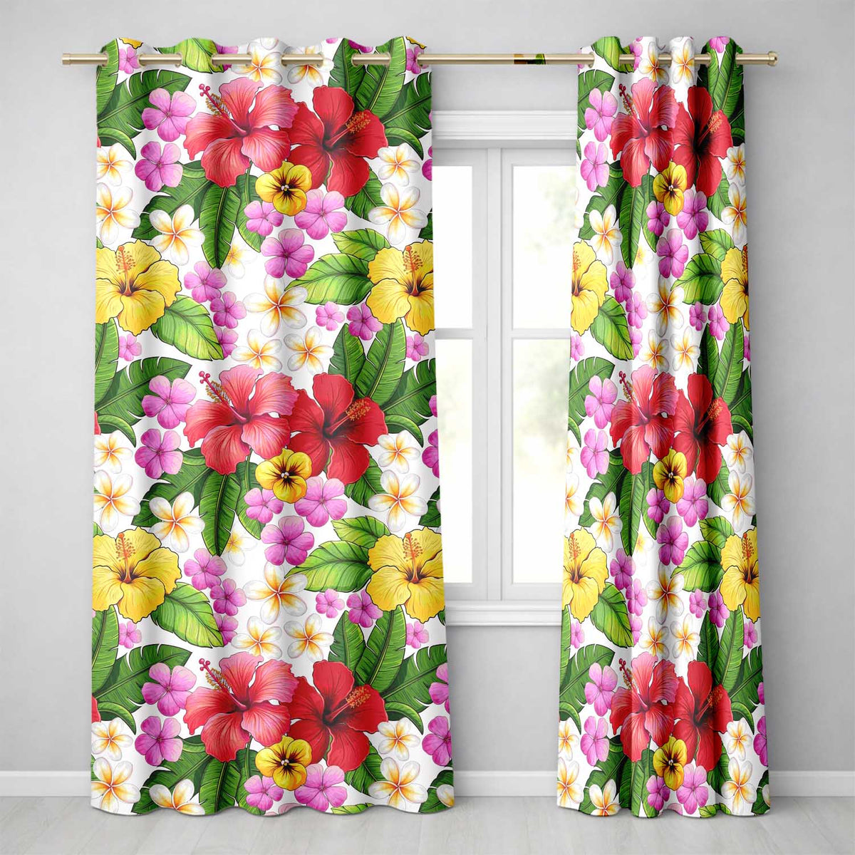 Tropical Hibiscus Flowers White Background Plumeria Leaves Seamless Pattern Readymade Eyelet Ring Top Thermal 100% Blackout Curtains