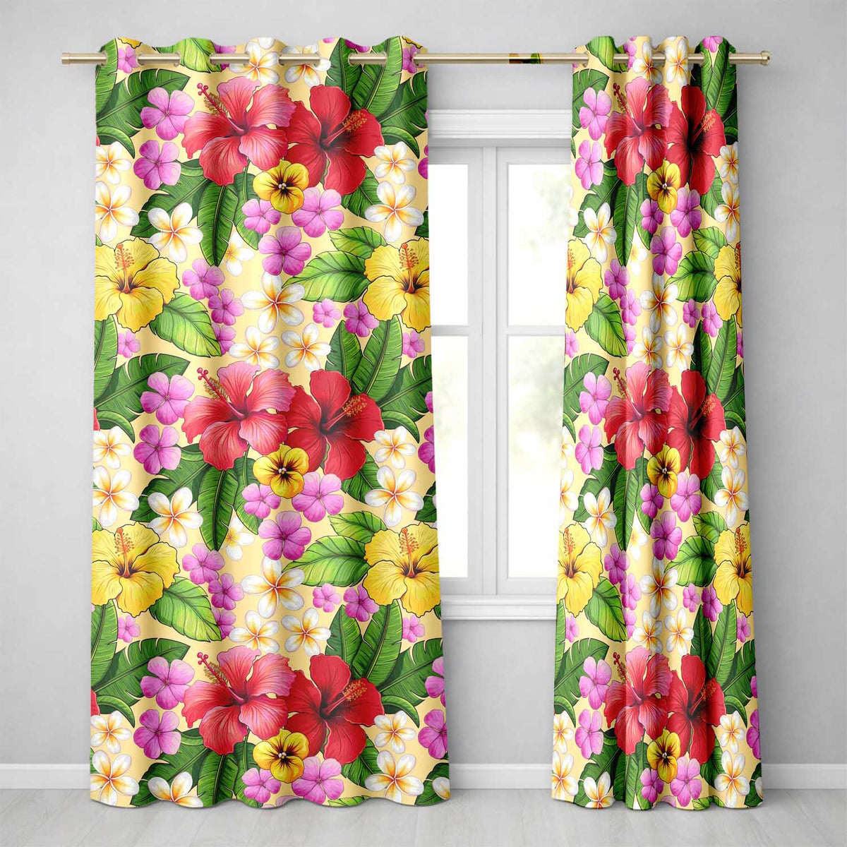 Tropical Hibiscus Flowers Cream Background Plumeria Leaves Seamless Pattern Readymade Eyelet Ring Top Thermal 100% Blackout Curtains